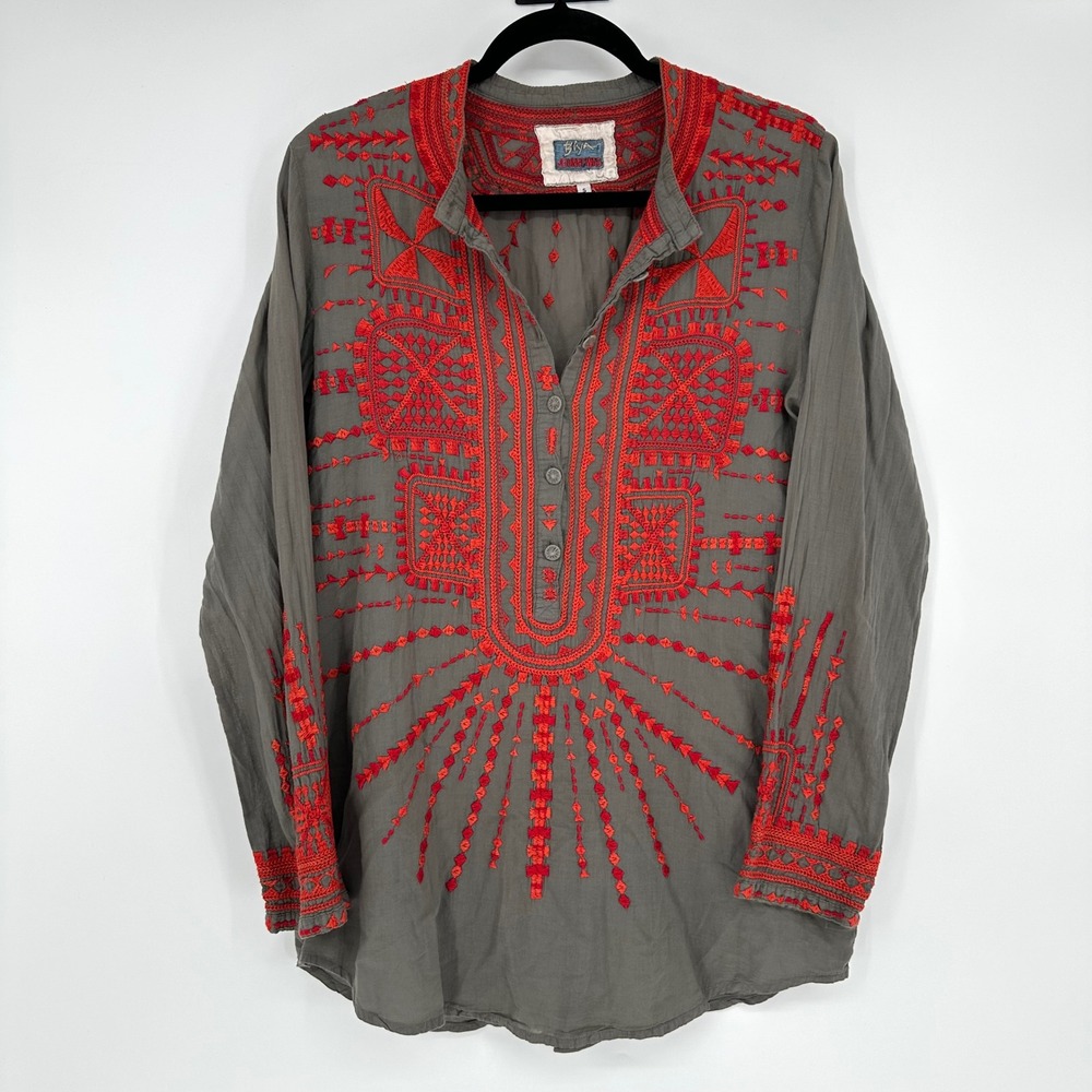 Johnny Was Biya Gray Red Embroidered Boho Aztec Tunic Long Sleeve Cotton Top S